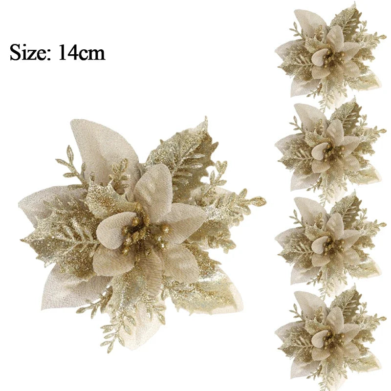 10/1Pc Christmas Glitter Artificial Flowers DIY Christmas Tree Hanging Ornaments Fake Flower For Xmas New Year Party Decor Gifts Qme Gold 1pcs