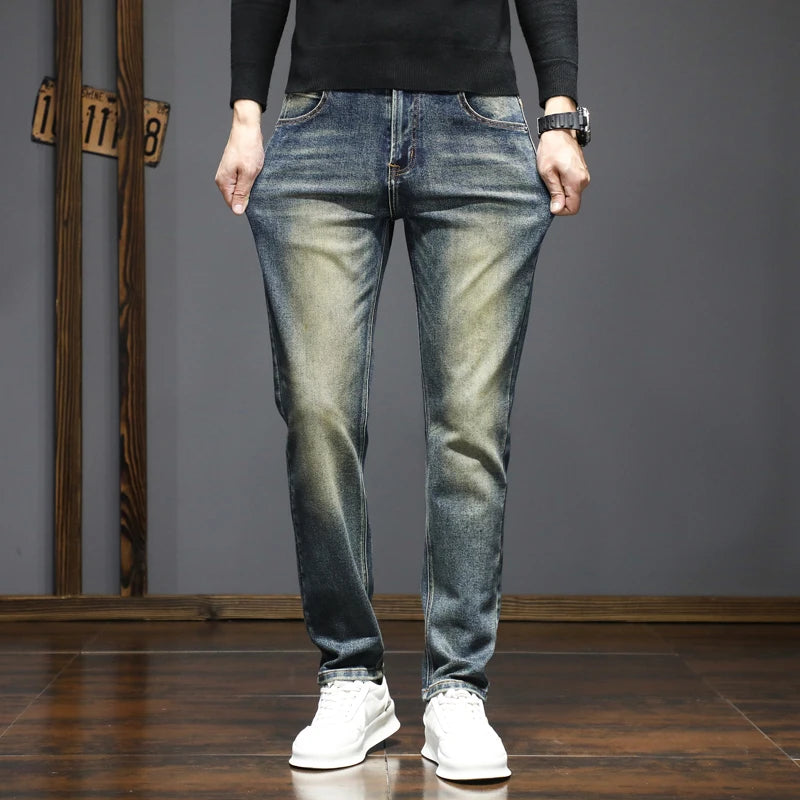 High-quality American retro jeans men's 2025 autumn new micro-elastic popular wear-resistant wash slim straight pants Qme