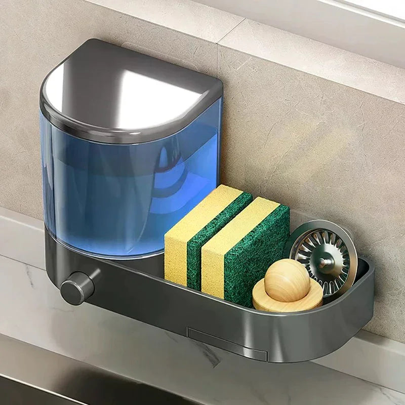 Drain Tray Wall Mounted Soap Dispenser Sponges Holder Hand Press Qme