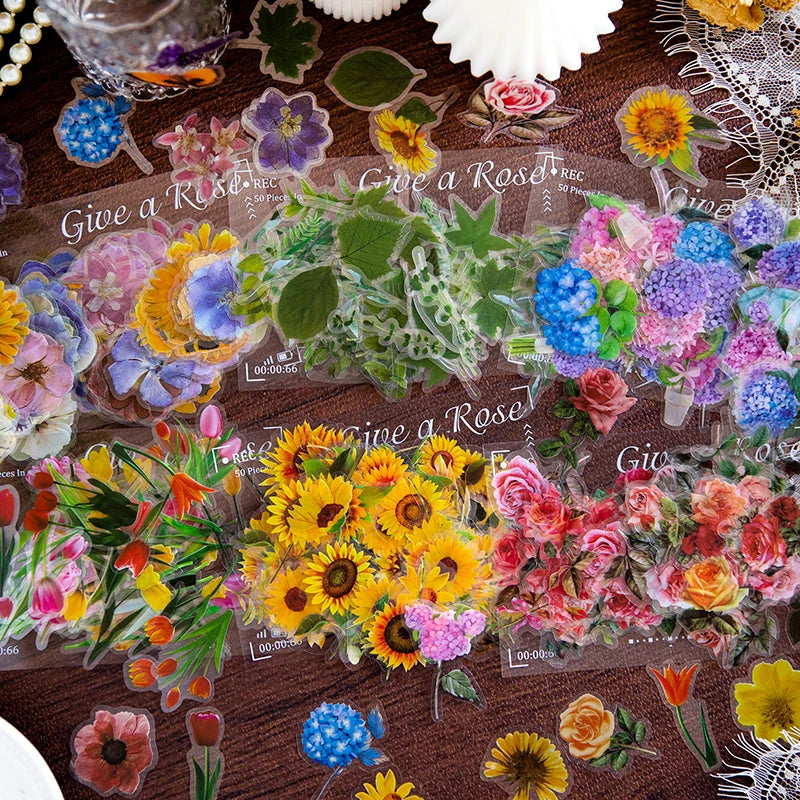 100pcs Flowers Sticker pack Rose Tulip Daisy Transparent Waterproof Plant hand account Decoration Scrapbooking Material Qme
