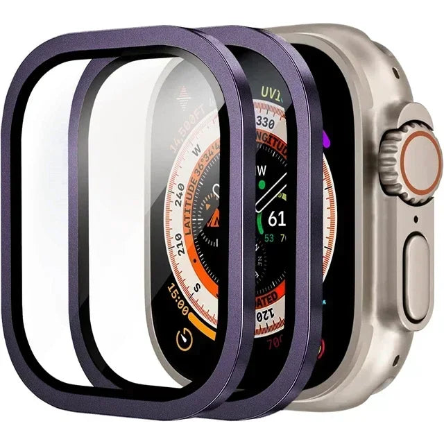 2PCS Tempered Glass For Apple Watch Ultra 49mm Screen Protector Anti-Scratch HD Metal Bumper Full Film for IWatch Ultra 49mm Qme 2PCS Purple For Ultra 1 2 49MM