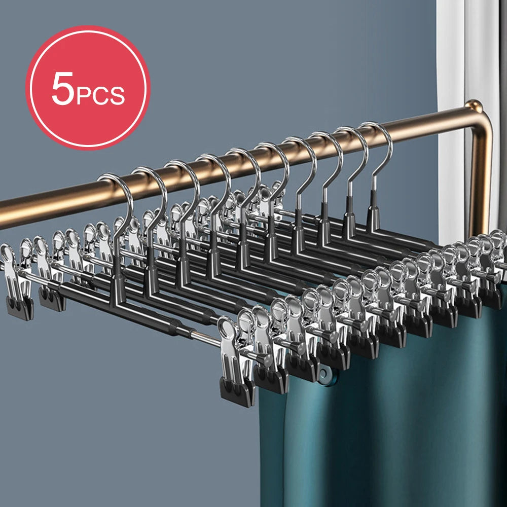 Adjustable Metal Hangers with Clips, Non-Slip Space-Saving for Pants/Skirts & All Garments, Keep Clothes Tidy & Organized Qme 5pcs Black