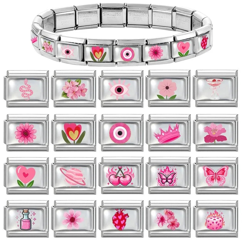Wholesale Fashion Pink Love Heart Butterfly Planet Dice Cherry Italian Charm Links Fit 9MM Stainless Steel Bracelet DIY Making Qme