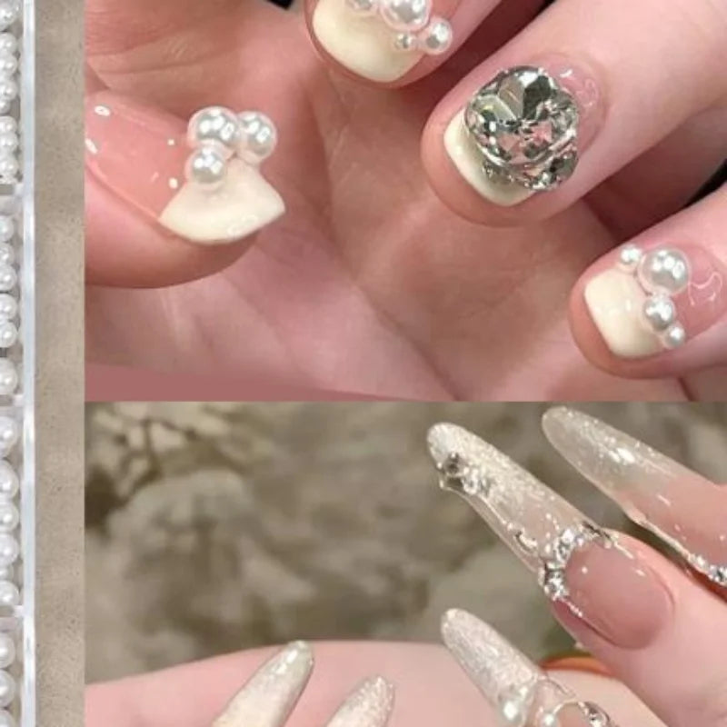 12 Grids Half Round Pearls Bead 3D Nail Charms 1 5 2 3 4 White Qme