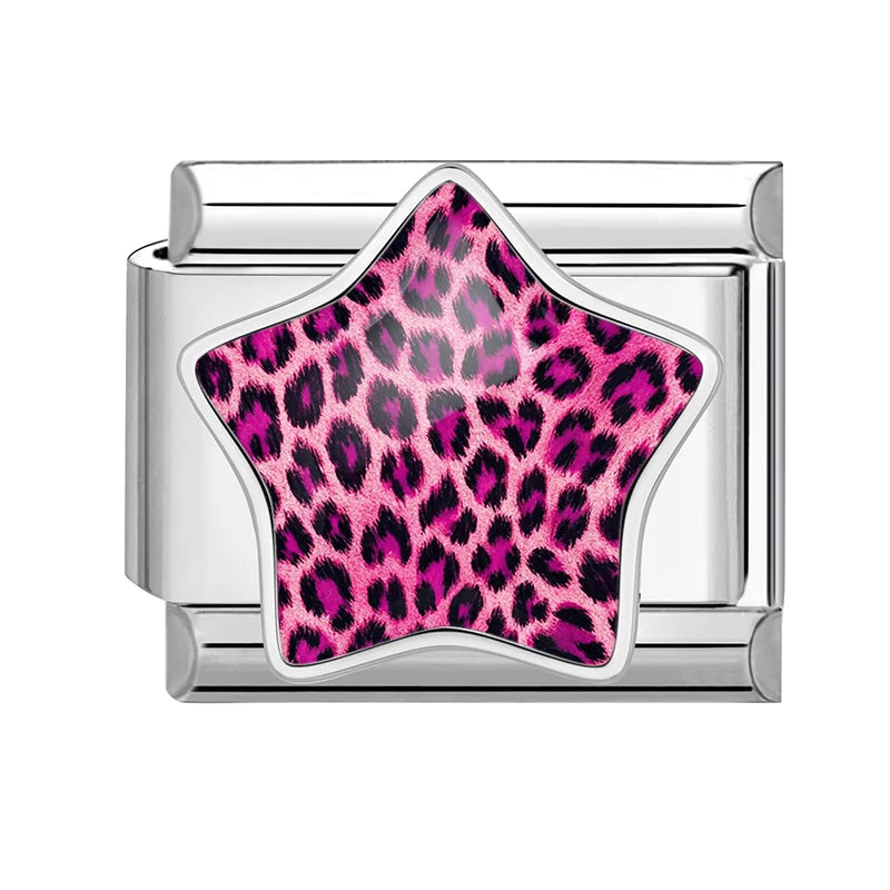 3D Inlay Stars Cute Zebra Stripe Stars Pink Blue Leopard Print Italian Charm Links Fit 9mm Stainless Steel Bracelet DIY Making Qme Style 19