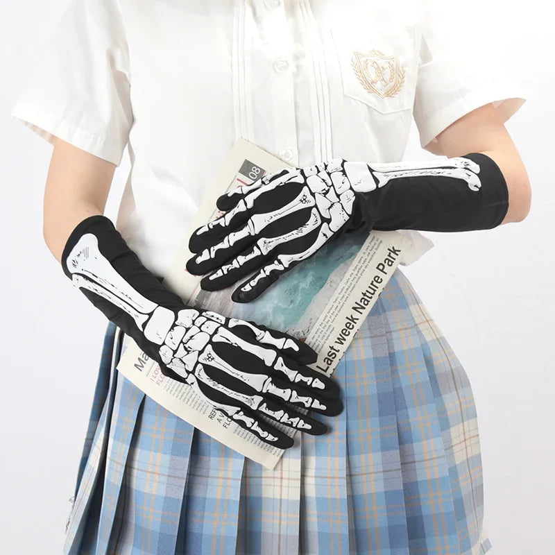 Black Punk Long Gloves Unisex Halloween Skeleton Skull Half Finger Qme