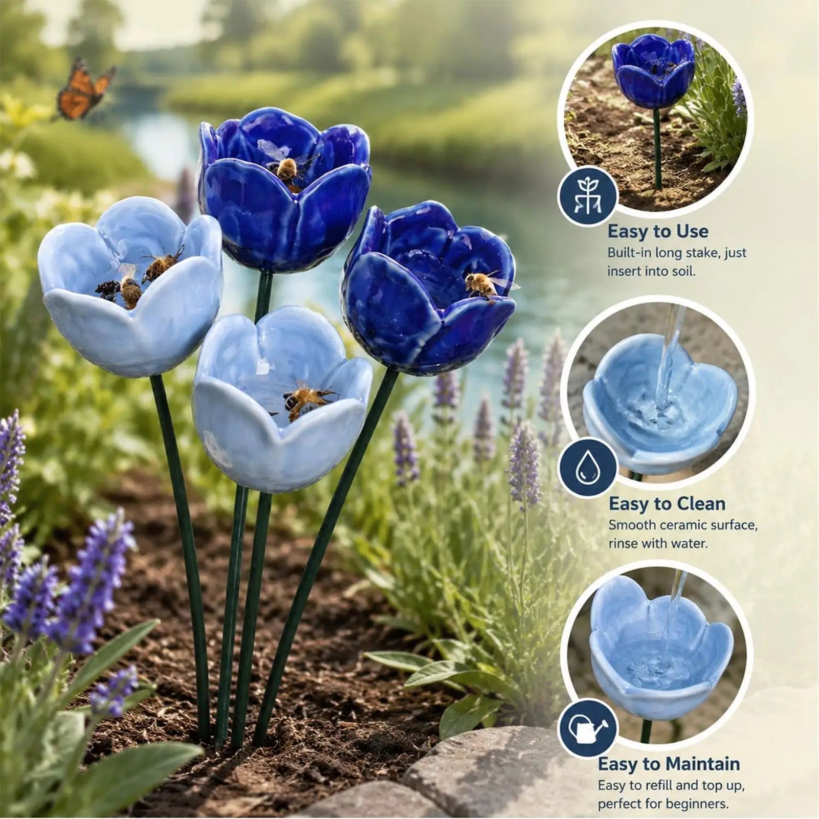 Bee Water Station Flower Garden Stake with Bee Bath Bird Water Bowl Decorative Outdoor Yard Art, Pollinator Watering Station Qme