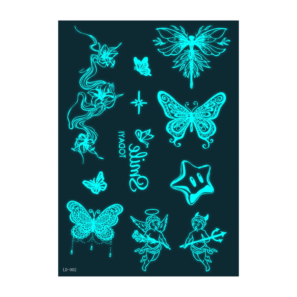 A 6/9pcs Blue Luminous Waterproof Temporary Tattoo Sticker Geometric Butterfly Flower Moon Women Men Arm Body Art Fake Tattoos Qme