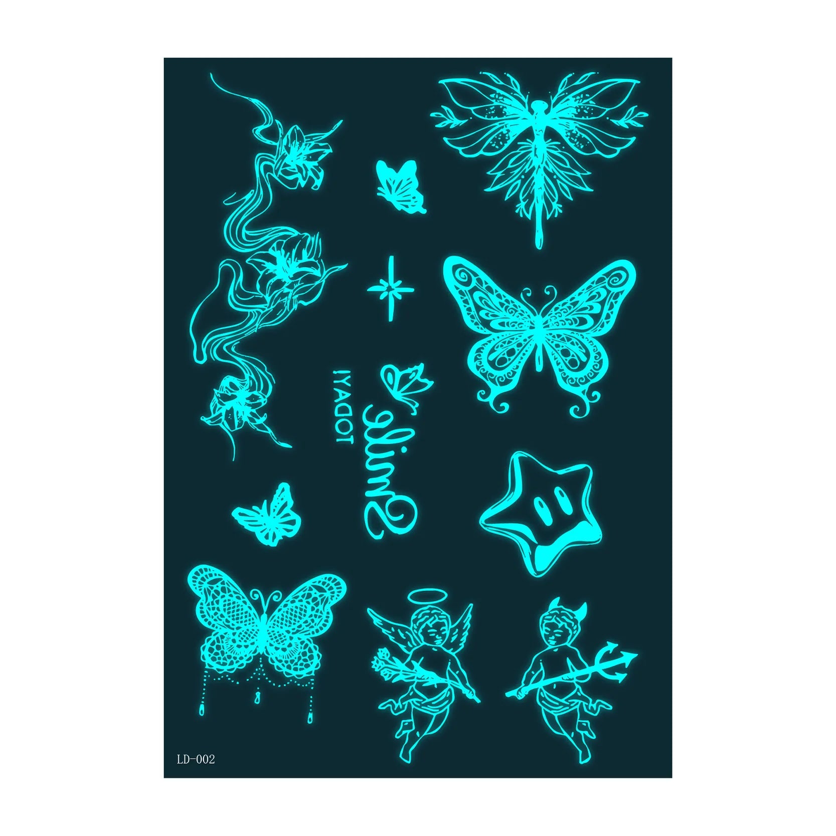 A 6/9pcs Blue Luminous Waterproof Temporary Tattoo Sticker Geometric Butterfly Flower Moon Women Men Arm Body Art Fake Tattoos Qme