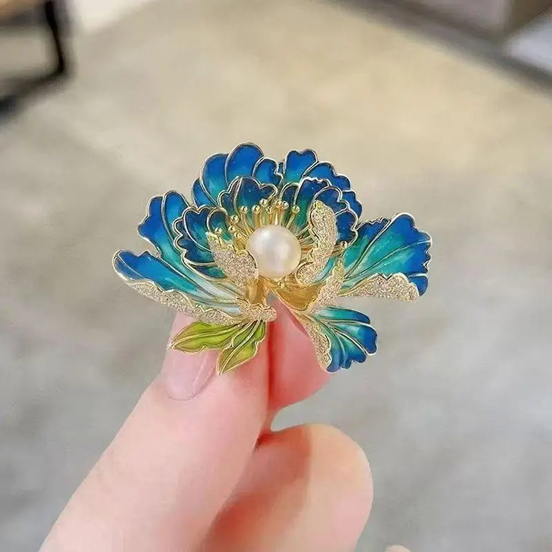 European And American Fashion Retro Alloy Flower Set With Pearl Brooch Chest Flower Qme one size Blue