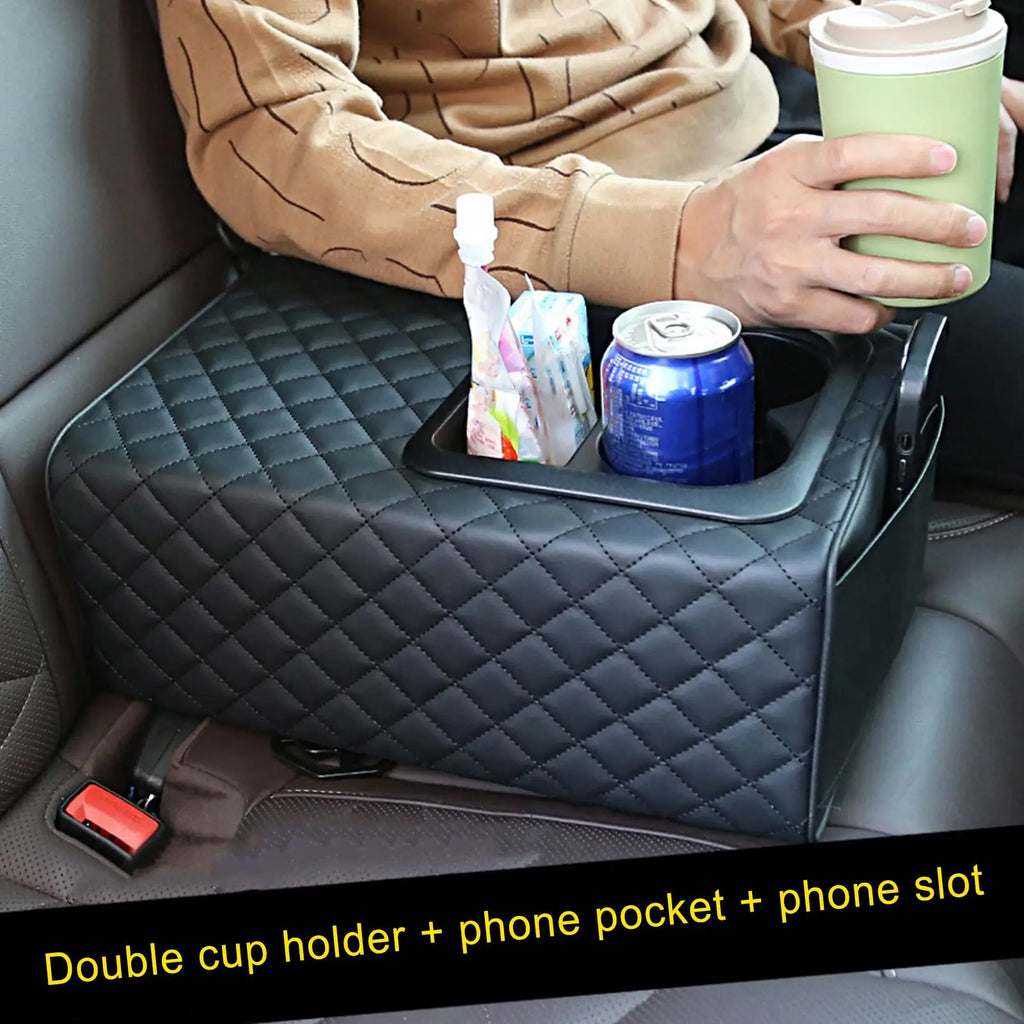 Armrest box booster pad Universal Rear Seat Armrest Console Box with Cup Holders Backseat Center Console with Double Pockets Qme