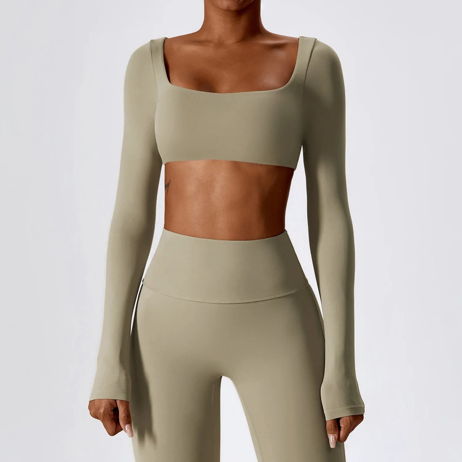 A Summer Casual Quick Dry Sportswear Women Square Neck Gym Top Women Fitness Sports Crop Top Long Sleeve Yoga Clothing Qme Camel Brown M