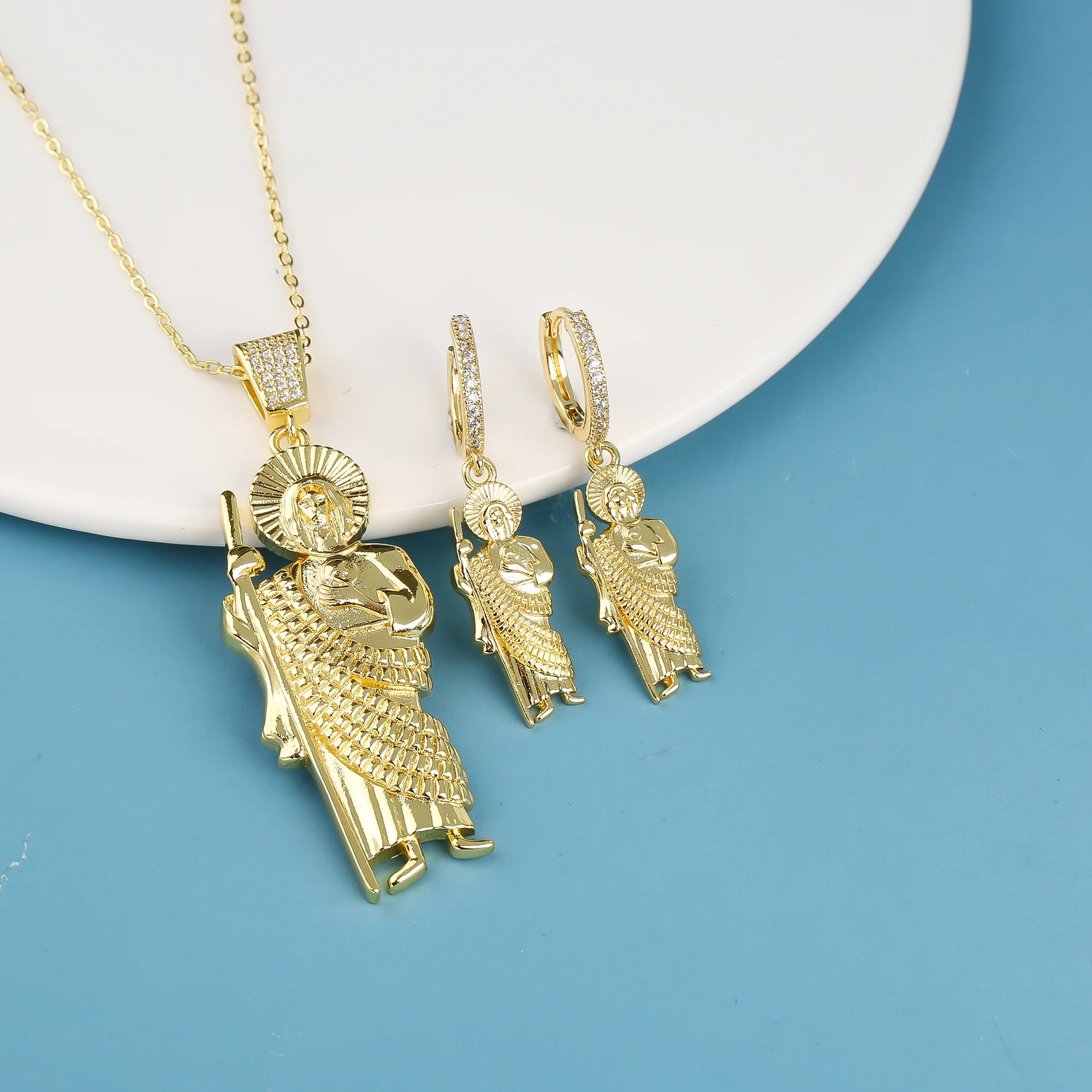 3PCS Religious San Judas Jewelry Set Necklace Earrings Simple for Woman Girl Party Wedding Zirconia Jewelry Gift Daily Wear Qme Jewelry Set 3