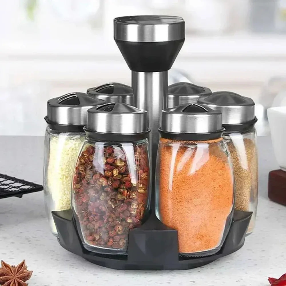 Spice Jar Rack Glass Organizer Rotating Seasoning Sugar Pepper Qme