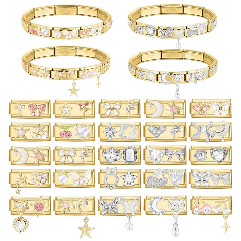 New Fashion Gold Color Cute Bows Garland Big Zircon Stars Hearts Italian Charm Links Fit 9MM Stainless Steel Bracelet DIY Making Qme