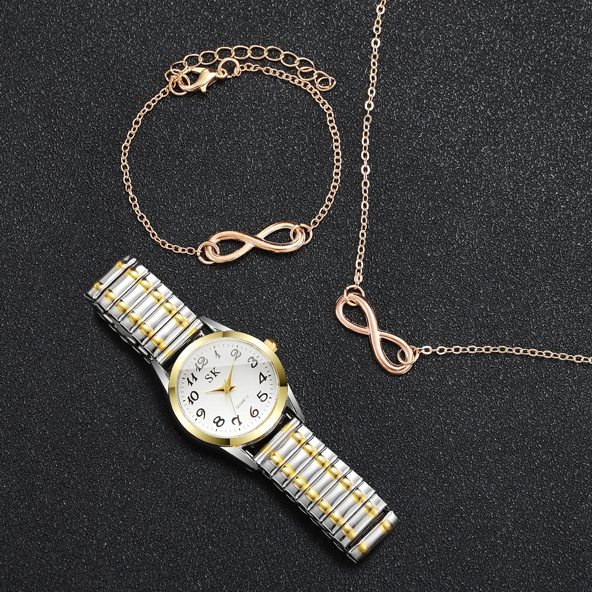 Three piece set of gold stretchable steel strip women's digital watch infinite symbol bracelet necklace, not including gift box Qme