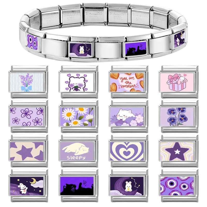 Y2K Wholesale Purple Cartoon Rabbit Planet Cat Italian Charm Link Fit 9mm Stainless Steel Jewelry DIY Making Women Bracelets Qme
