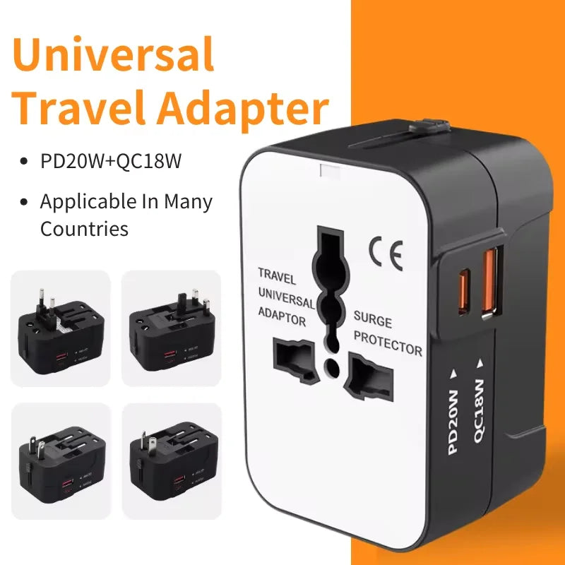 Universal Travel Adapter with USB A Type C Port Power Adaptor EU/UK/US/AU Power Charger Converter Socket Plug Adaptor Connector Qme All Black