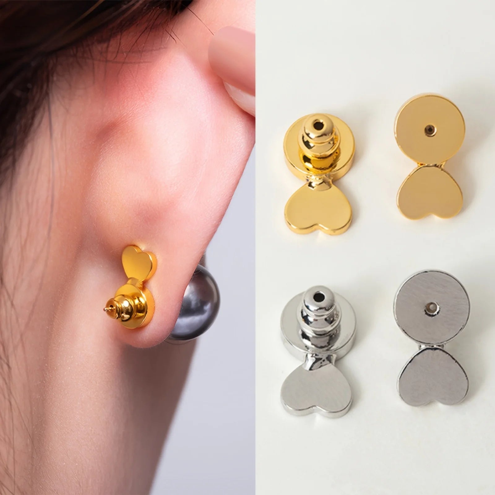 [Heavy Earring Support] 4Pcs Heart Locking Bullet Earring Backs | Earring Support Lifter Backs For Droopy Ears, Heavy Earrings Qme
