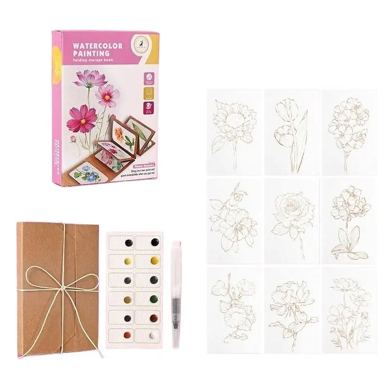9 Sheets Watercolor Painting Thick Folding Storage Book Pen Holiday Qme Pink