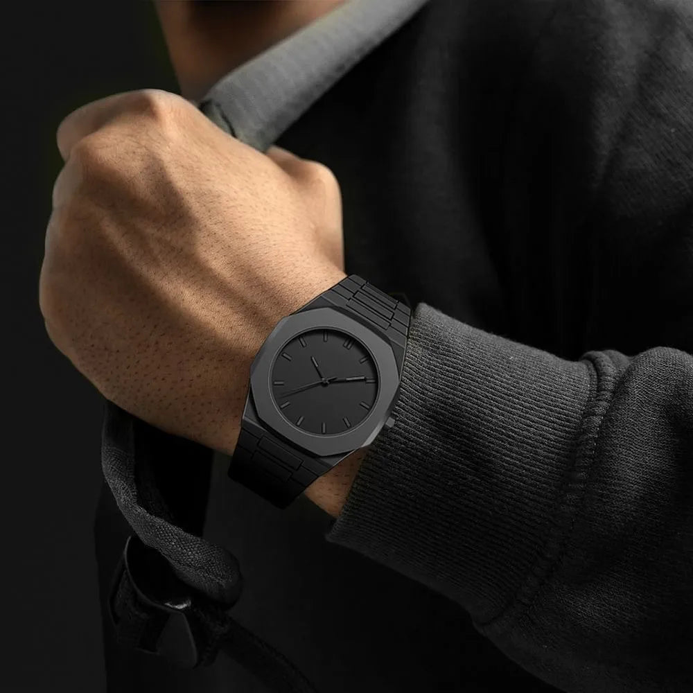 All black octagonal minimalist scale men's steel strip business quartz watch Qme