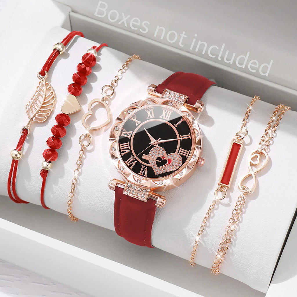 6 Pçs/set Relógio Feminino Moda Roma Coração Dial Pulseira de Couro Relógios de Quartzo Conjunto de Pulseiras de Folha Qme 1