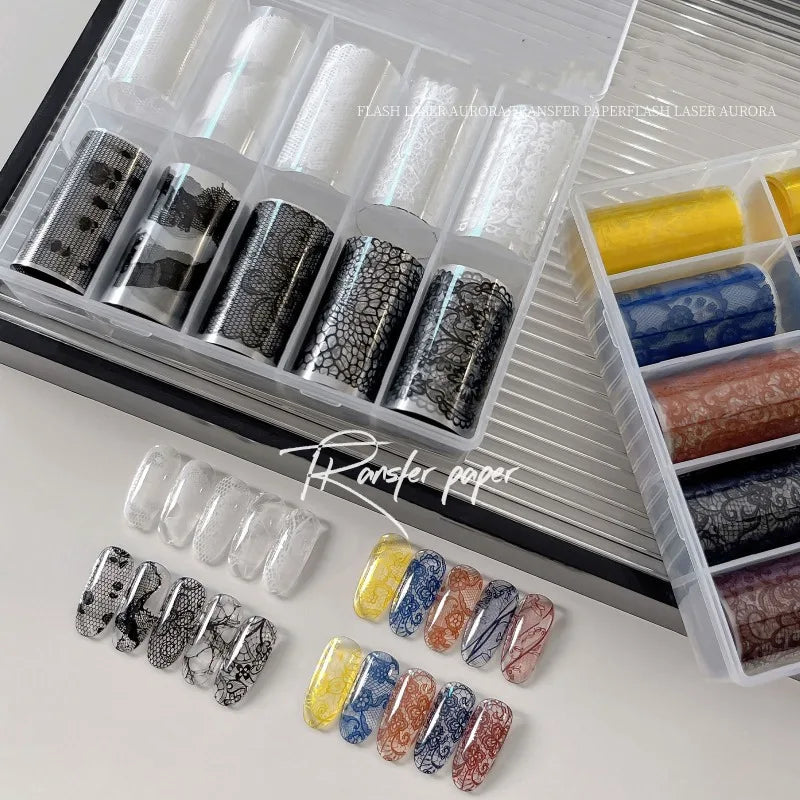 10 Rolls Vintage Lace Nail Art Transfer Paper, Retro French Pure Mixed Style Nail Decals, 50cm Water Decal for Nail DIY Manicure Qme