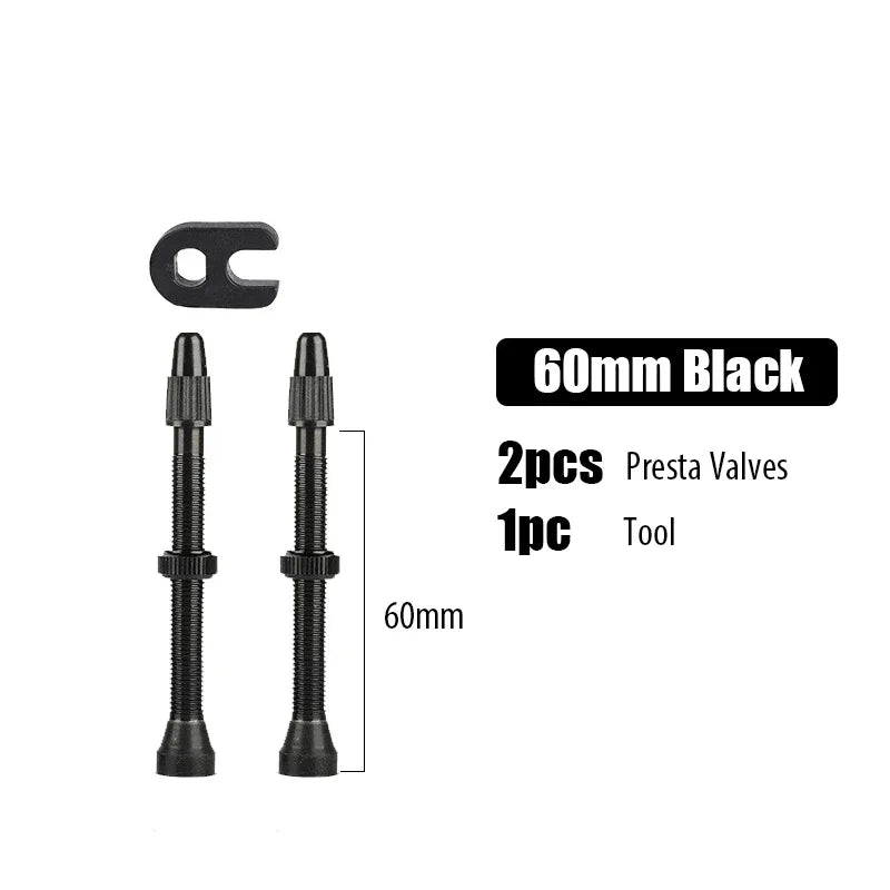 2pcs/bag Bicycle Bike Tubeless Presta Valves Stems Aluminium Alloy 40mm 44mm 48mm 60mm 80mm with Valve Core Removal Tool Qme 60mm Black
