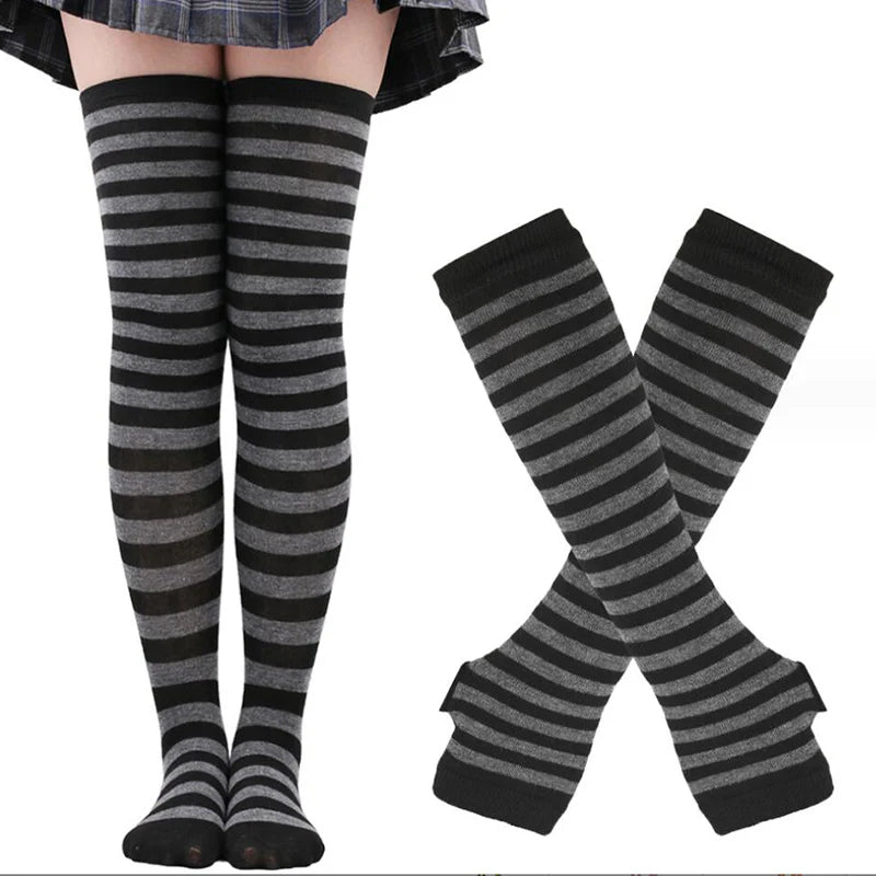 Women Girls Over Knee Long Stripe Thigh Cotton Gothic Lolita Socks Qme