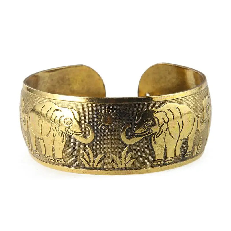 Vintage Gold-Tone Elephant Engraved Wide Cuff Bracelet Adjustable Boho Bangle For Women & Men Qme A1