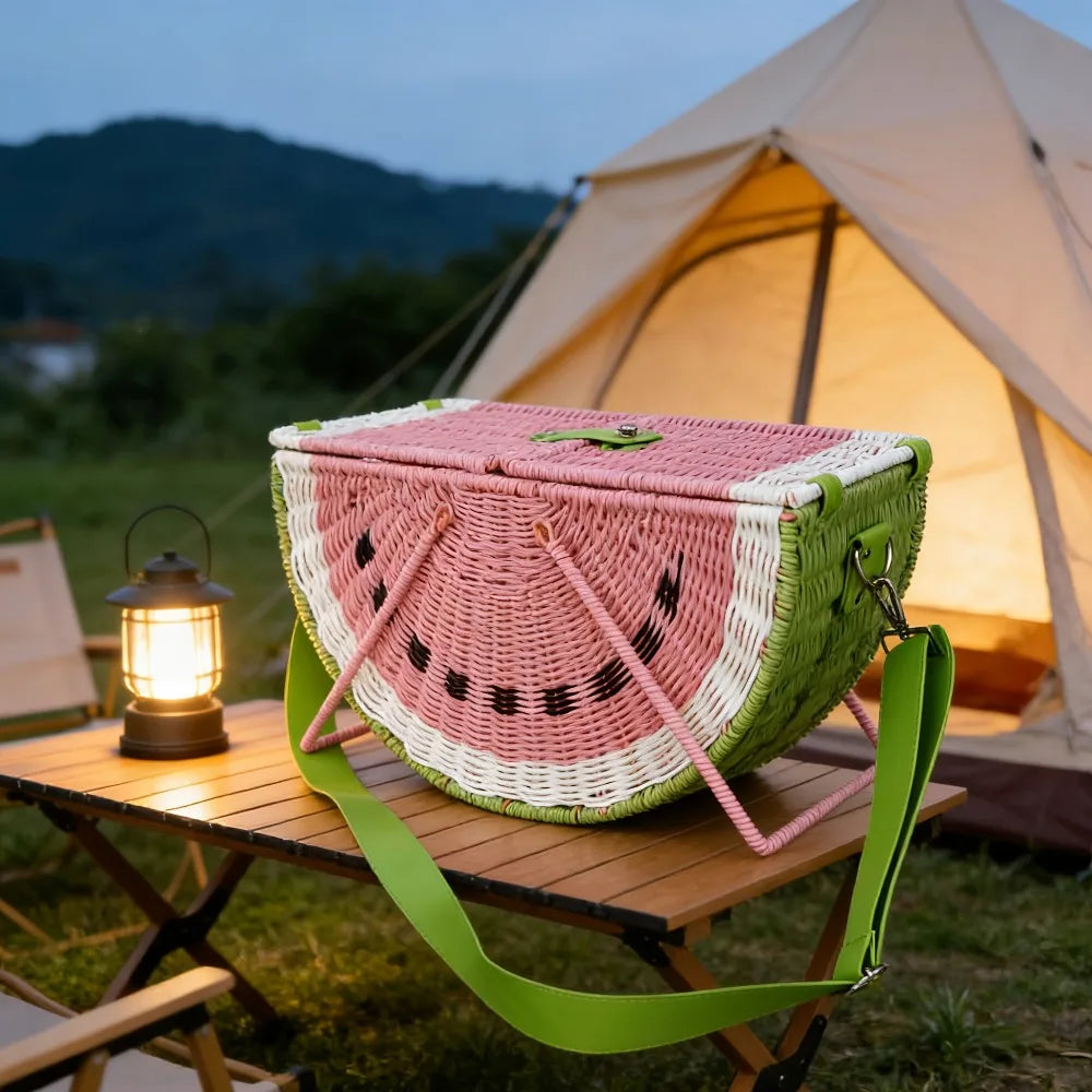 Picnic Basket Retro Watermelon Shaped Picnic Hamper Imitation Rattan Woven Storage Basket with Handle Large Capacity for Camping Qme