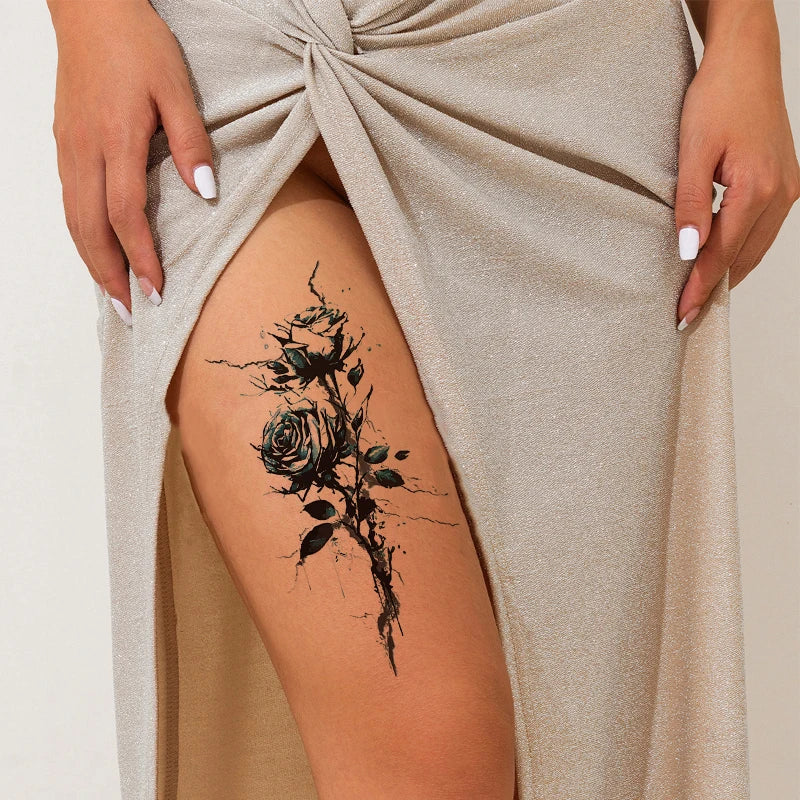 Blue Enchantress Rose Sexy Leg Realistic Tattoo Stickers, Colorful, Waterproof, Sweatproof, Disposable Temporary Stickers Qme