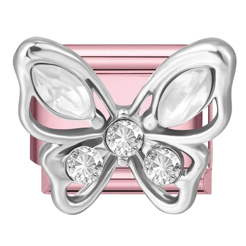 2025 New Sweet Zircon Bright Flowers Heart Bows Pink DIY Making Bracelet Women Men Stainless Steel 9mm Italian Charm Links Fit Qme Style 31