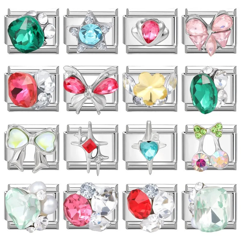 Green Blue Pink Zircon Stars Colored Cherry Italian Charm Links Fit 9mm Stainless Steel Bracelet Women Jewelry DIY Making Gifts Qme
