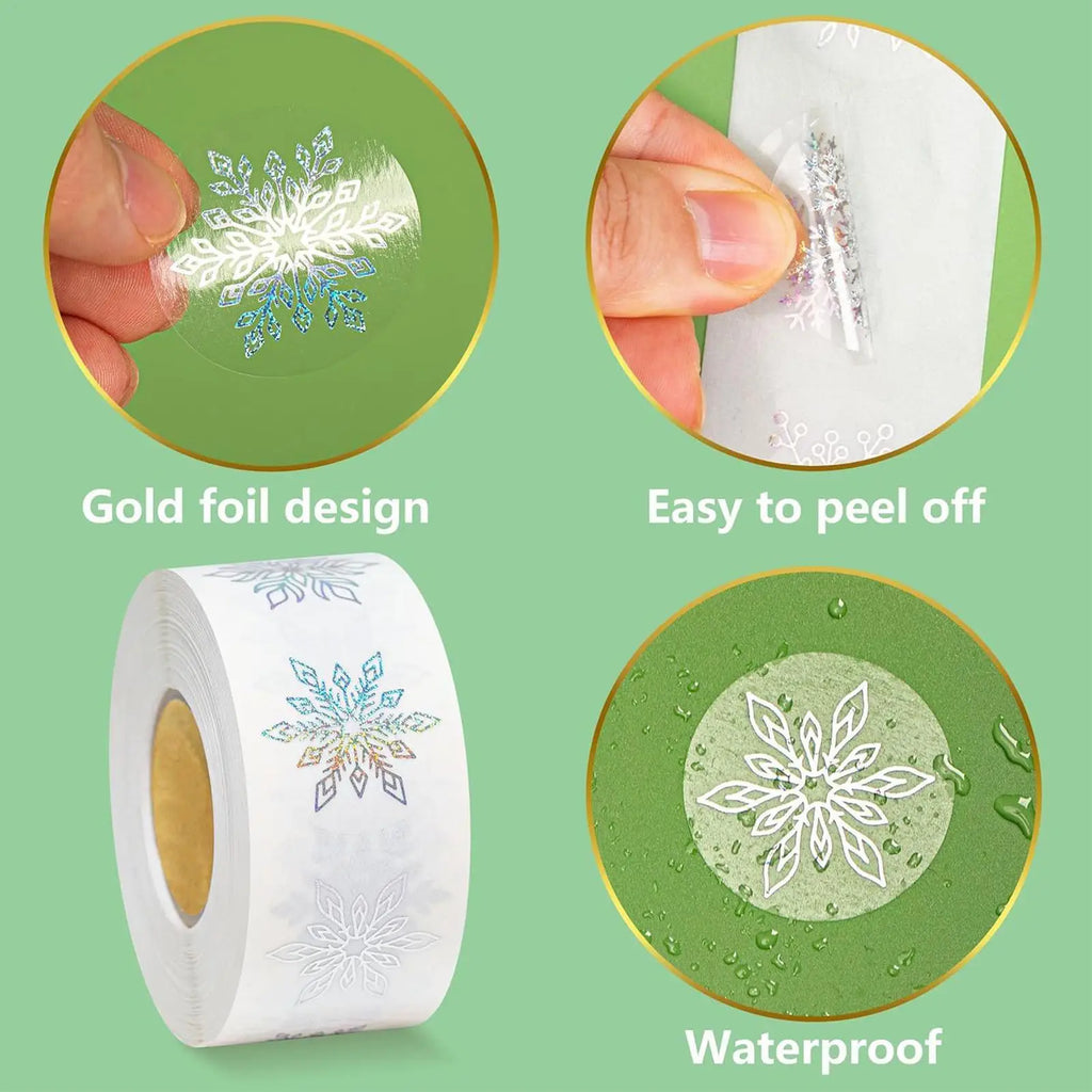 Snowflake Stickers Roll 500 Pieces Round Self-Adhesive Transparent Christmas Labels Holiday Crafts Label Roll Envelope Decal Qme