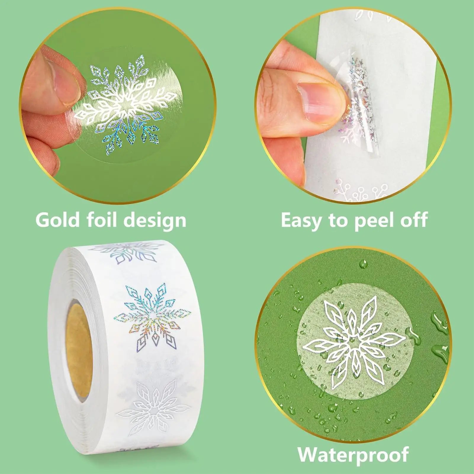 Snowflake Stickers Roll 500 Pieces Round Self-Adhesive Transparent Christmas Labels Holiday Crafts Label Roll Envelope Decal Qme