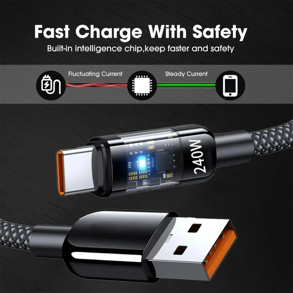 USB C 240W 10A Fast Charging Data Cable USB to Type C QC3.0 Fast Charger Cord With LED Light Phone Data Line For Samsung Xiaomi Qme