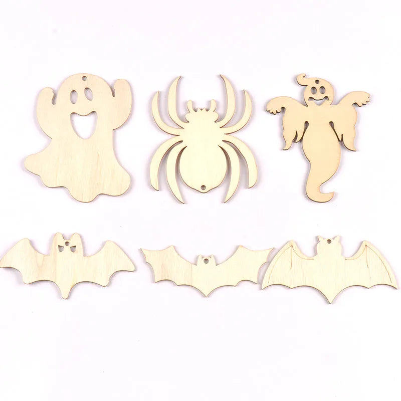 10Pcs 4.5-10cm Unfinished Halloween Decorations Bat/Spider/Ghost Wooden Crafts DIY Blank Hanging Ornaments Home Party Supplies Qme