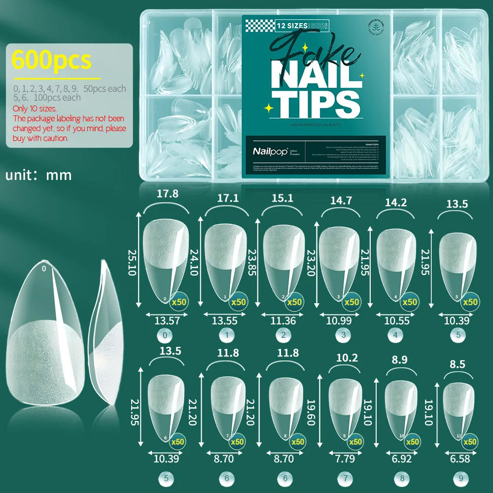 Nailpop False Nails 10 12 Sizes Full Cover Tips Clear Durable Qme M-Almond-600