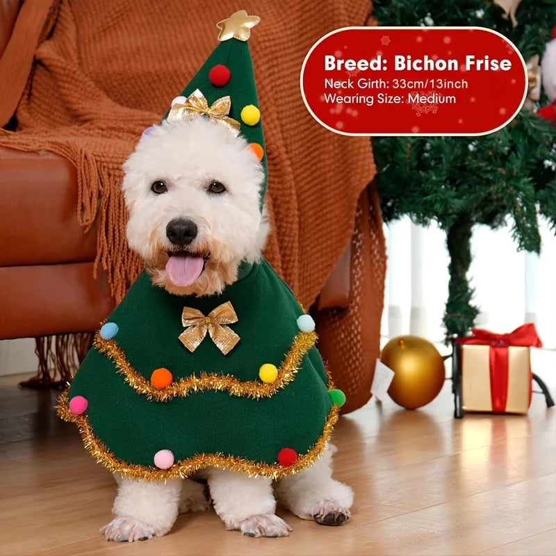 Pet cat and dog Christmas cloak with hat, stars and fluffy balls, suitable for small and medium-sized dogs during Christmas Qme