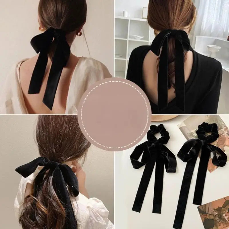 Fashion Vintage Black Velvet Bow Hair Ribbon Scrunchie Women Girls Qme