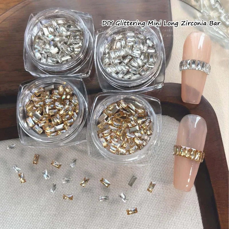 50Pcs Mini Long Strip Zircon Nail Rhinestones Super Sparkle Clear White/Champagne DIY Nail Art Decor Flat-Back 2*4MM Accessories Qme