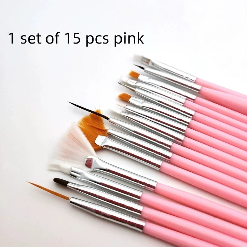 1set/15pcs color Nail Art Brush Set UV Gel Polish Pen Acrylic Nail Design Painting Tools for Nail Artistry Qme 15pcs pink