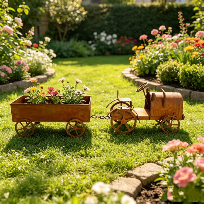 Rusty Vintage Metal Tractor Planter with Wheels Rustic Farmhouse Decorative Truck Carriage for Plants & Floral Displays Qme