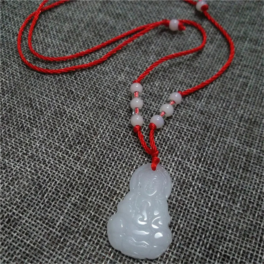 2024 Buddhist White Jade Hand Woven Pendant Necklace Lotus Guanyin Buddha Long Life Lock Pendant Lucky Religious Necklace Qme
