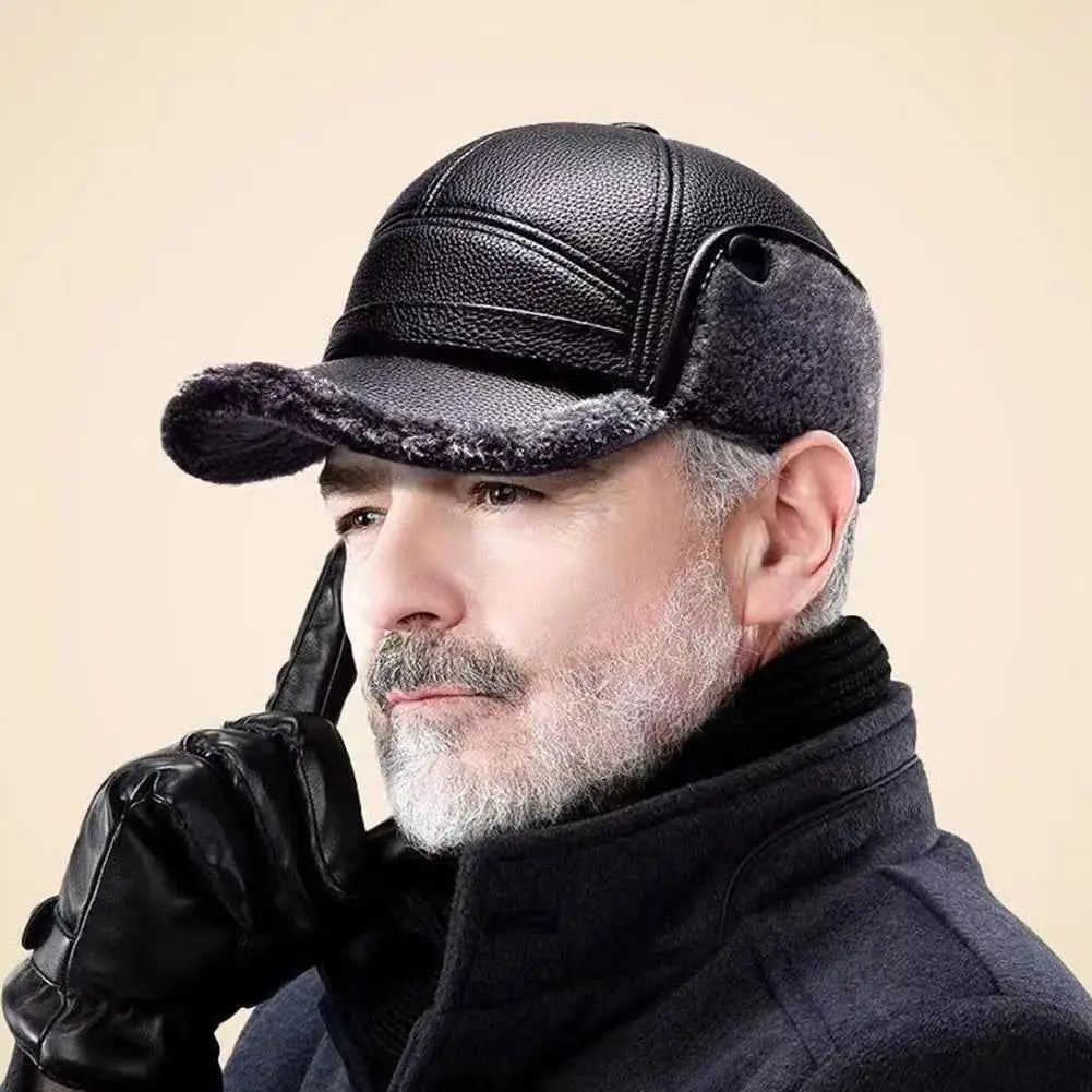 NEW Pu Leather Baseball Cap Men Winter Warm Hat Dad Grandpa Thermal Hat Thick Warm Leather Hat Old Man Ear Protection Cap Qme