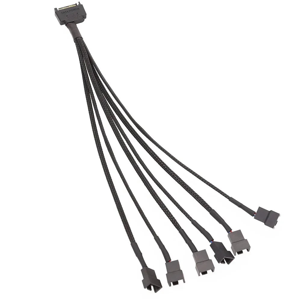 Black Sleeved 30cm Cooler Cooling Fan Splitter Power Cable 12V 4-Pin To 6 Port 3Pin/4Pin Connector for Molex IDE Computer PC DIY Qme 1 in 6