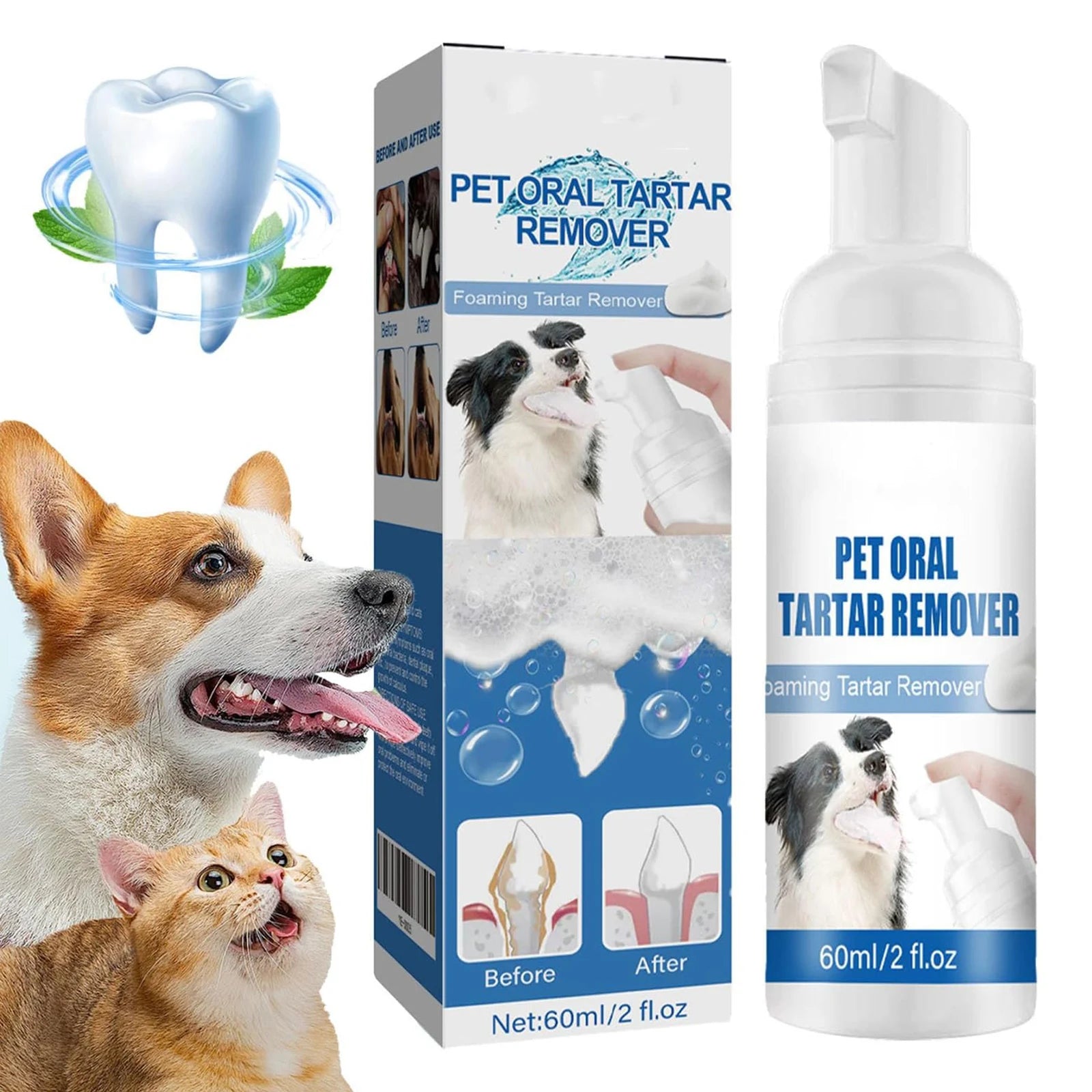 60ml Pet Oral Tartar Remover Spray Pet Oral Foam Cleaner Dogs And Cats Oral Cleanse Foams for Dogs & Cats Support Healthy Gums Qme