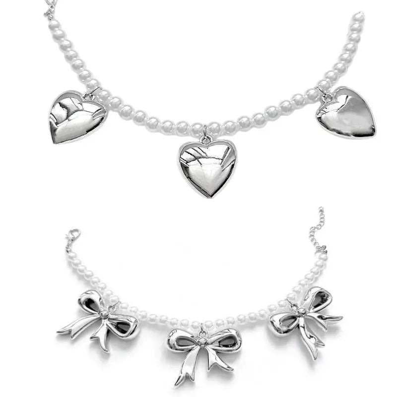 Heart Bow Charm Anklet Trouser Chain Imitation Pearl Beaded Ankle Chain Adjustable Foot Jewelry Women Girls Fashion Accessories Qme