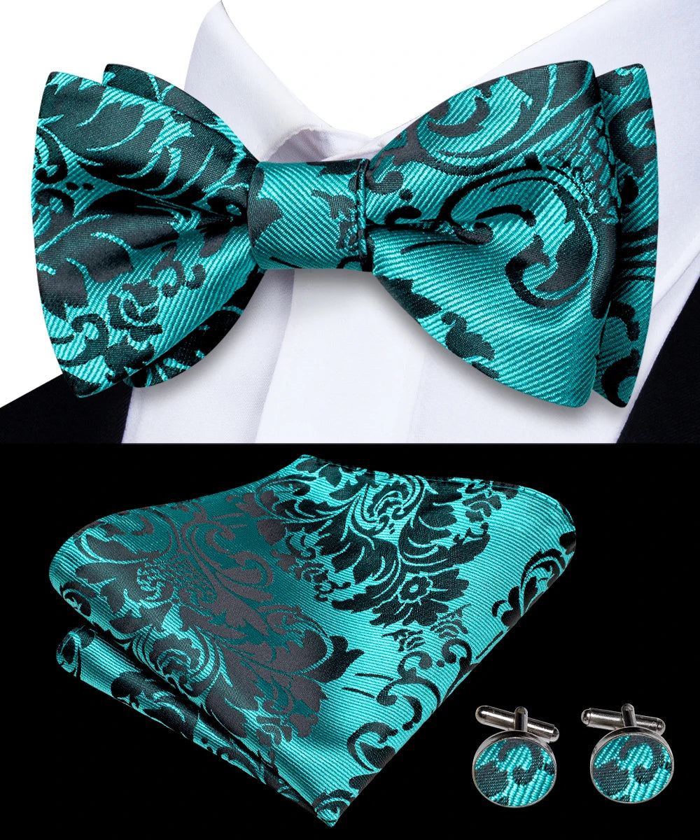Hi-Tie Men's Bow Tie Handkerchief Cufflinks Set Paisley Jacquard Pattern Hand Tied Wedding Business Qme 2113